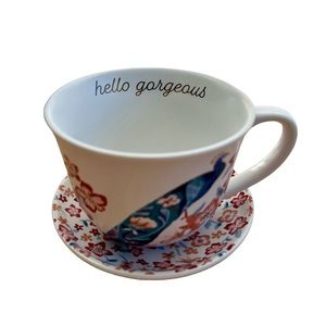 Opal House Cup Saucer Peacock Stoneware Hello Gorgeous Coffee Mug Plate Cute EUC